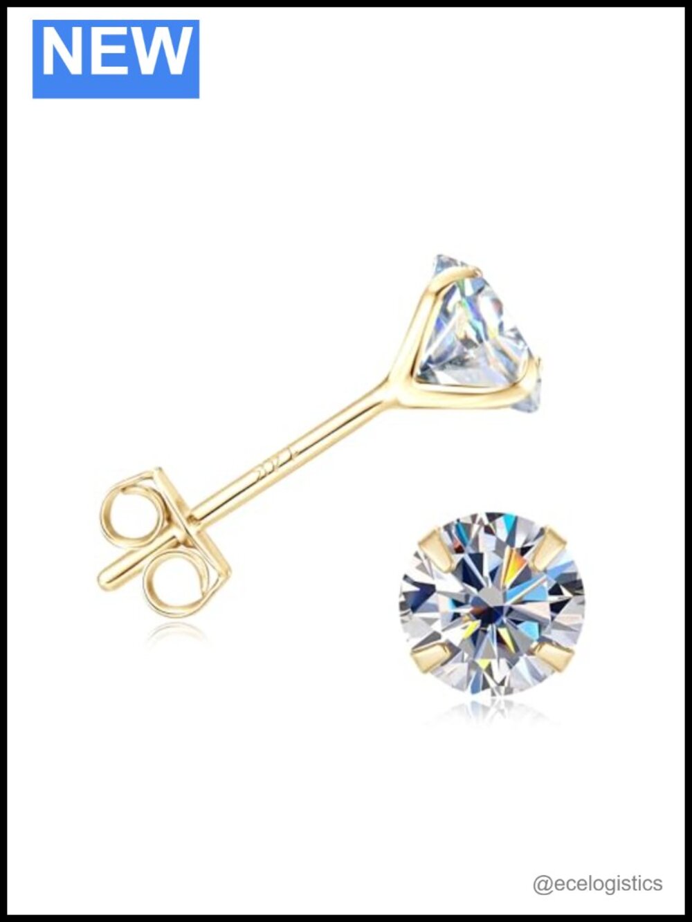 Solid 14K Yellow Gold Moissanite Stud Earrings Butterfly Push Back